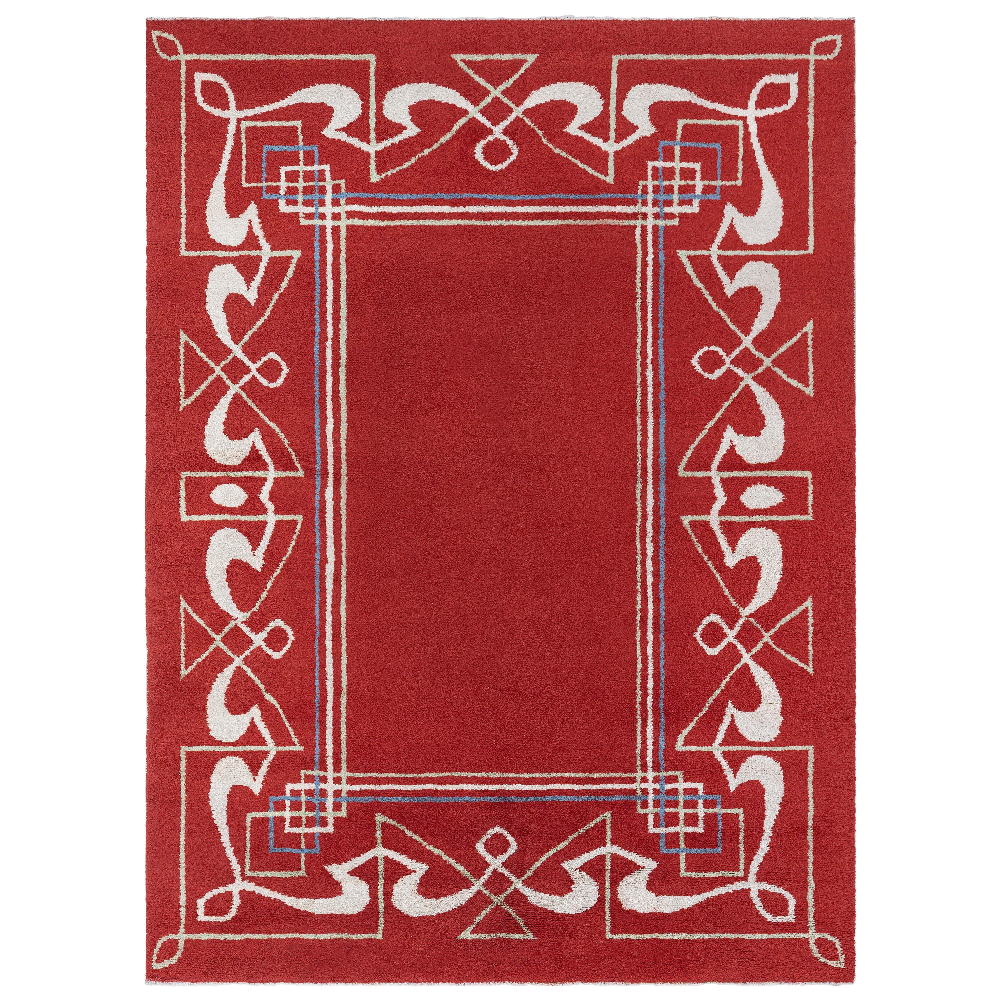 Doris Leslie Blau Art Deco Red, Brown Handmade Wool Rug