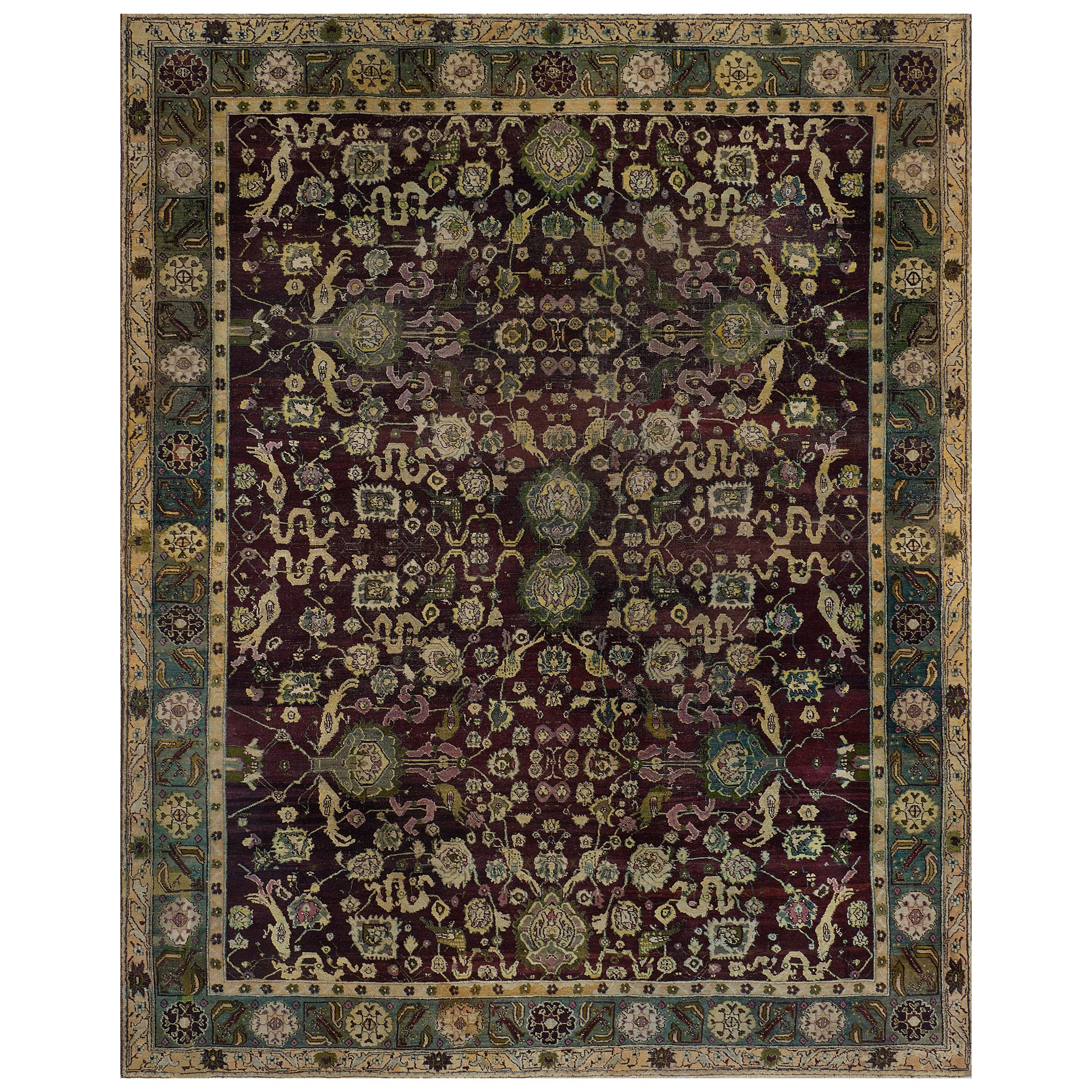 Handgeknüpfter antiker indischer Agra-Teppich aus burgunderroter, geblümter Wolle, um 1900 im Angebot
