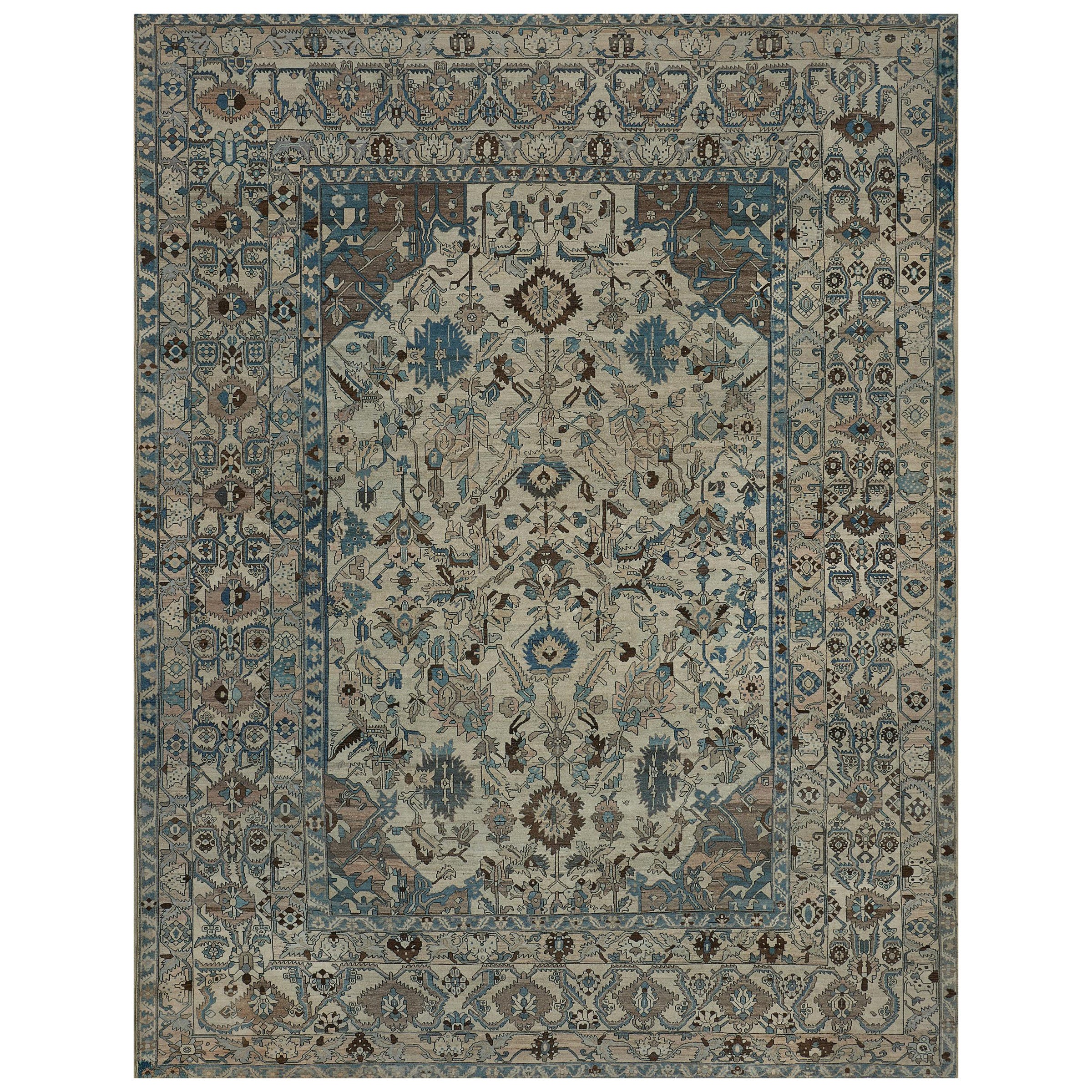 Antique Circa-1920 Blue and Ivory Wool Floral Persian Bakhtiari Rug