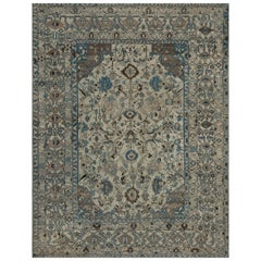 Alfombra Persa Bakhtiari Floral de Lana Azul y Marfil Antigua Circa-1920
