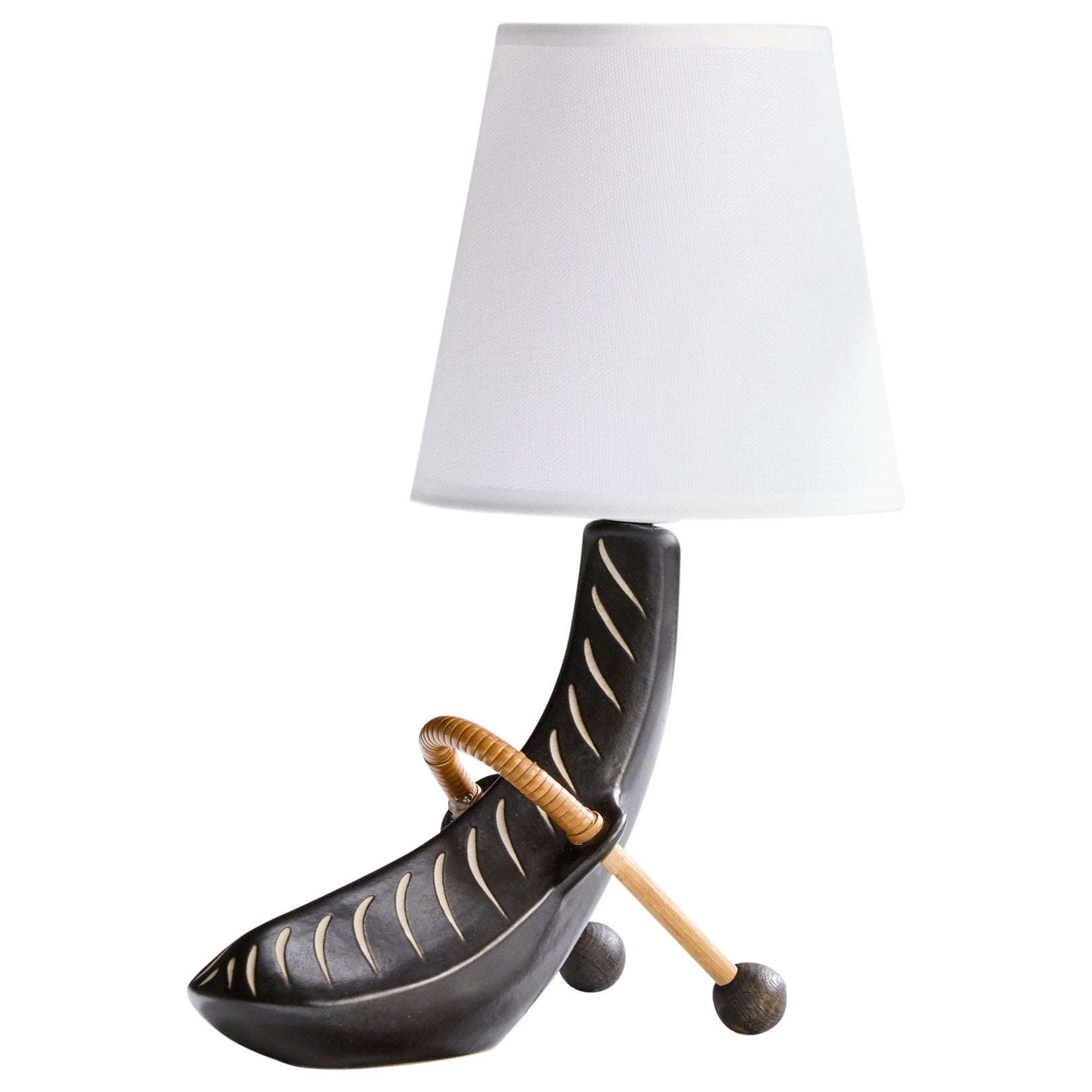 Elisabeth Loholt, Tischlampe, Keramik, Rattan, Stoff, Dänemark, 1960er Jahre im Angebot
