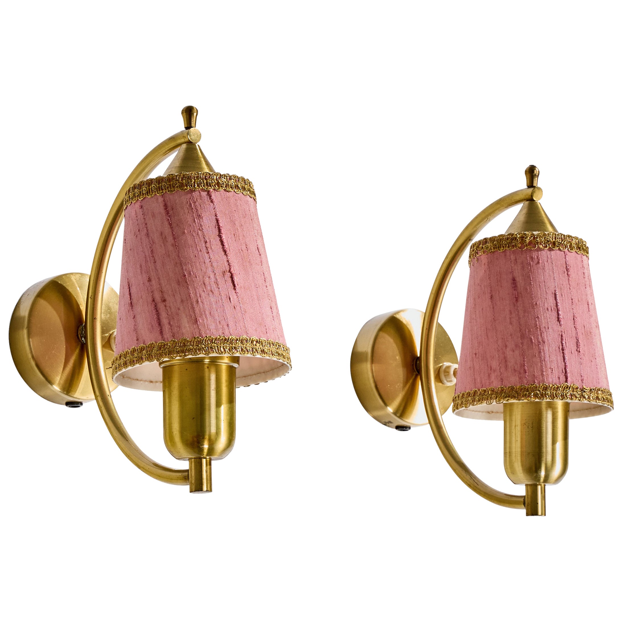 Swedish Designer, Wall Lights, Brass, Fabric, Sweden, 1950s