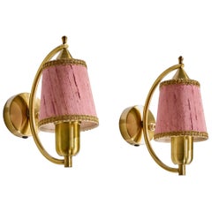 Swedish Designer, Wall Lights, Brass, Fabric, Sweden, 1950s