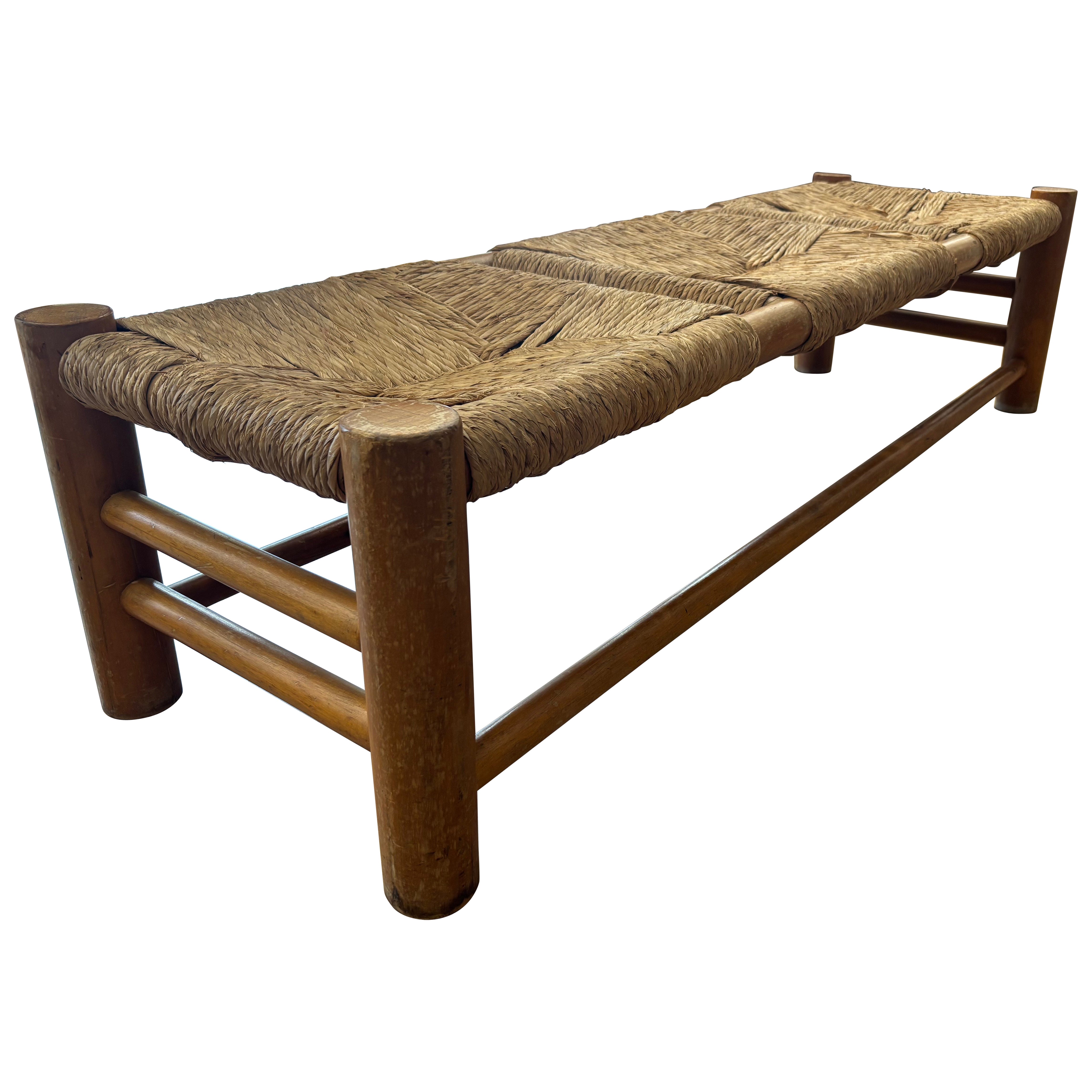 Rustic Mexican Backless Bench in Pine and Rush, Circa 1960s