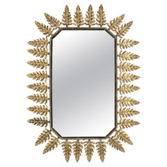 Miroir octogonal ensoleillé avec cadre de feuillage, métal doré de Parcel, années 1950