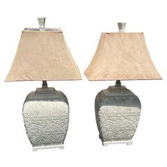 Pair of Hollywood Regency White Ceramic Table Lamps with Suede Shades