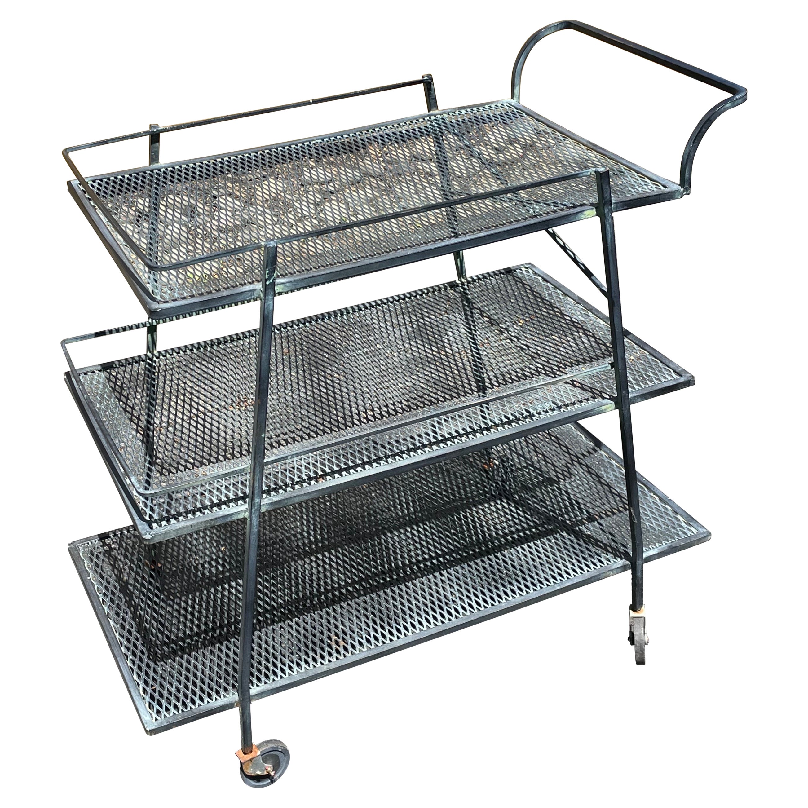 Mid Century Modern Black Wrought Iron Tiered Bar Cart, Russell Woodard Style