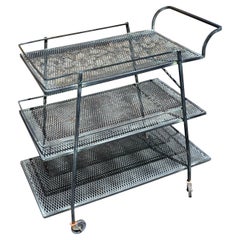 Mid Century Modern Black Wrought Iron Tiered Bar Cart, Russell Woodard Style