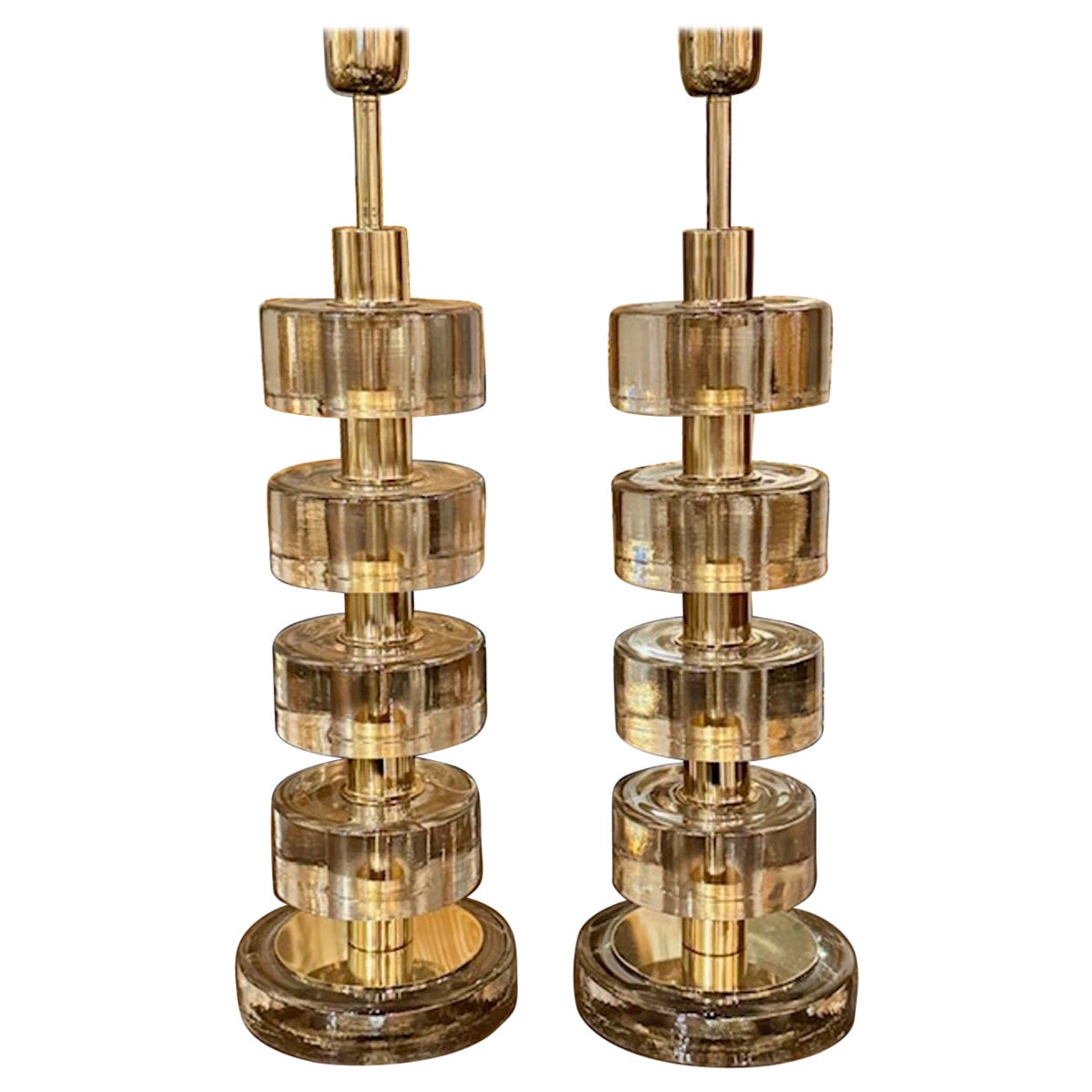 Pair of Modern "Fume" Colored Murano Glass and Brass Lamps