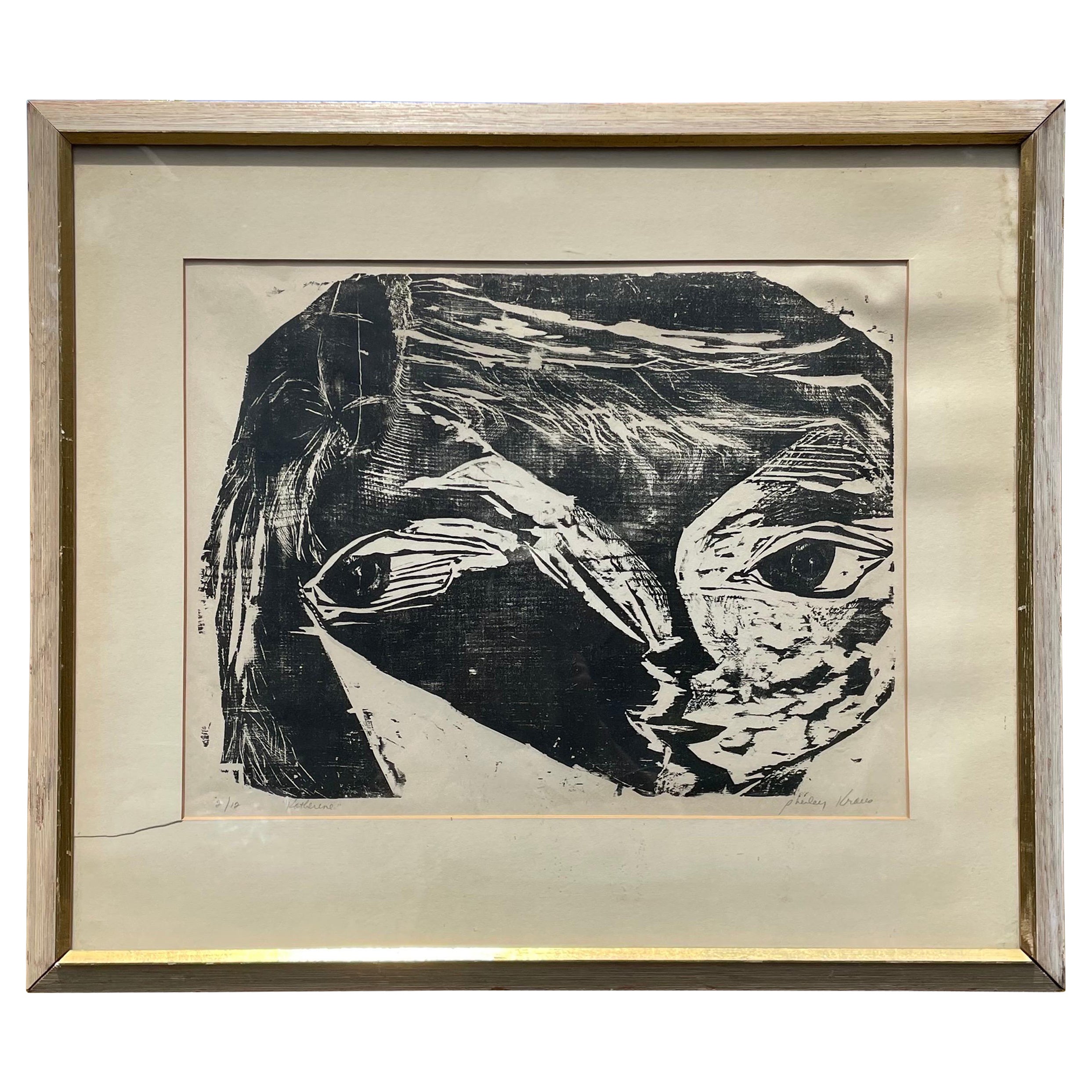 Mid Century Modern Woodcut Print Titled "Katherine" by Kelly Kraus