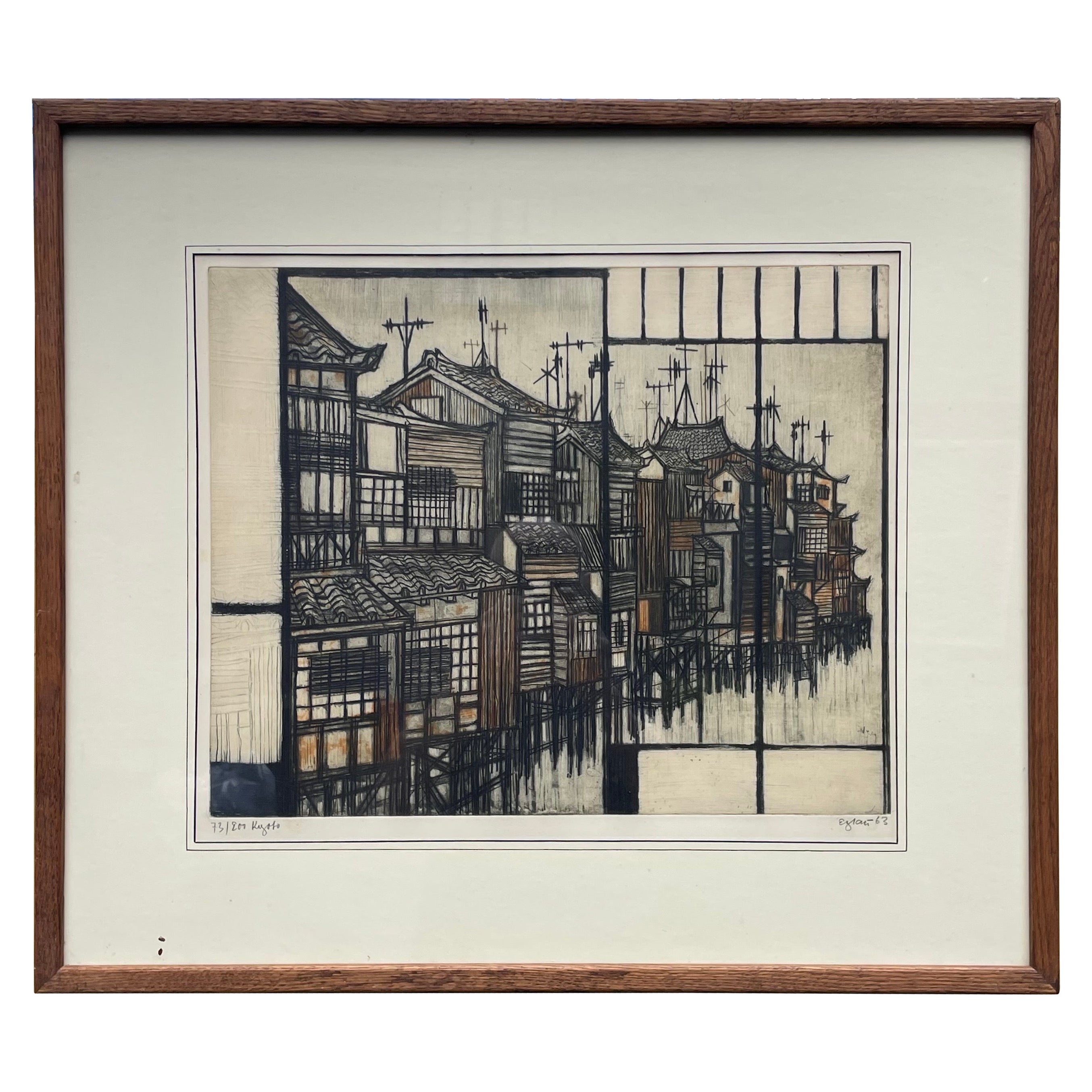Mid Century Modern Etching Titled "Kyoto" by Otto Eglau