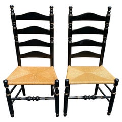 Pair of Black Ladder Back Side Chairs with Rush Seats, Americana Rustic