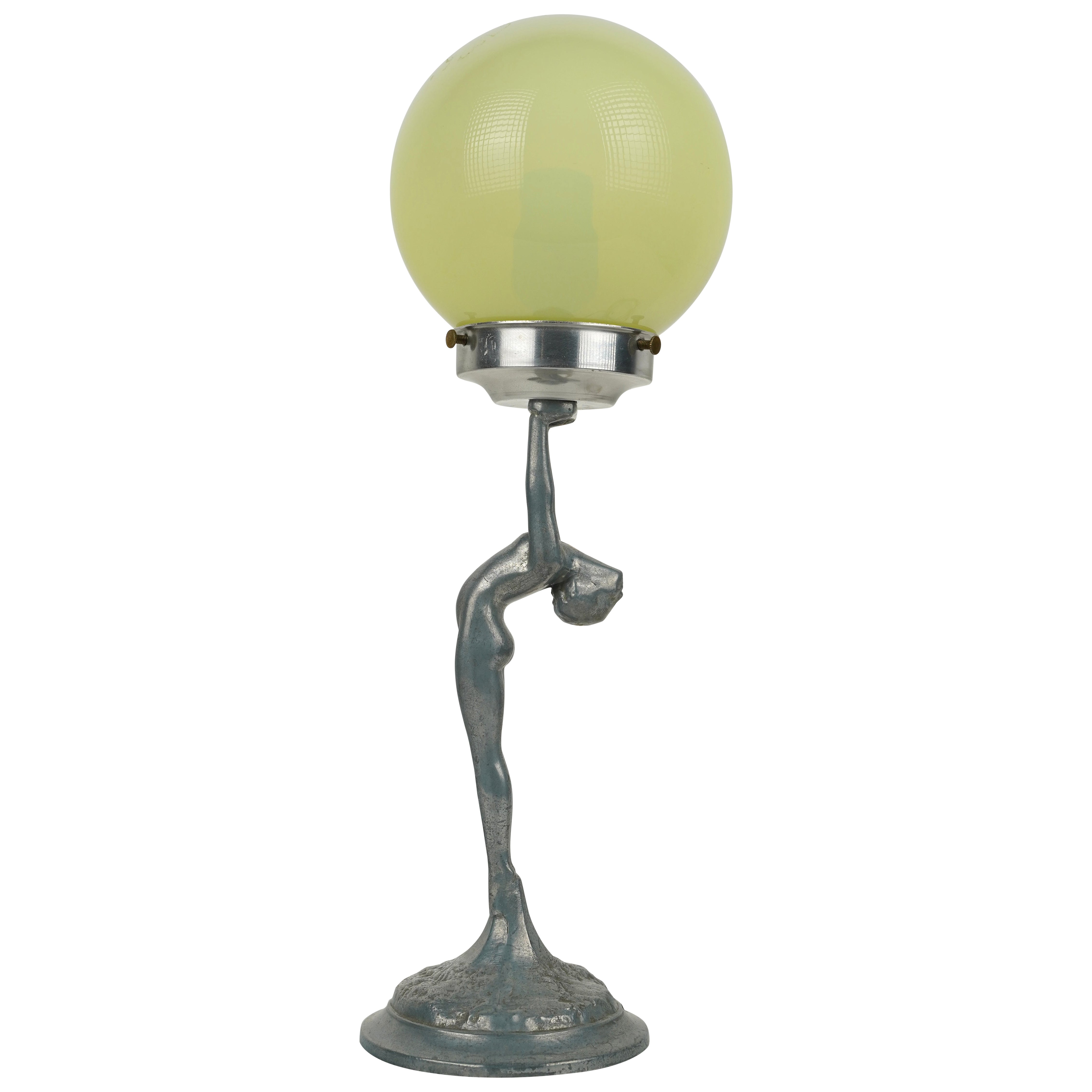 Art Deco Lady Cast Aluminum Uranium Glass Table Lamp For Sale