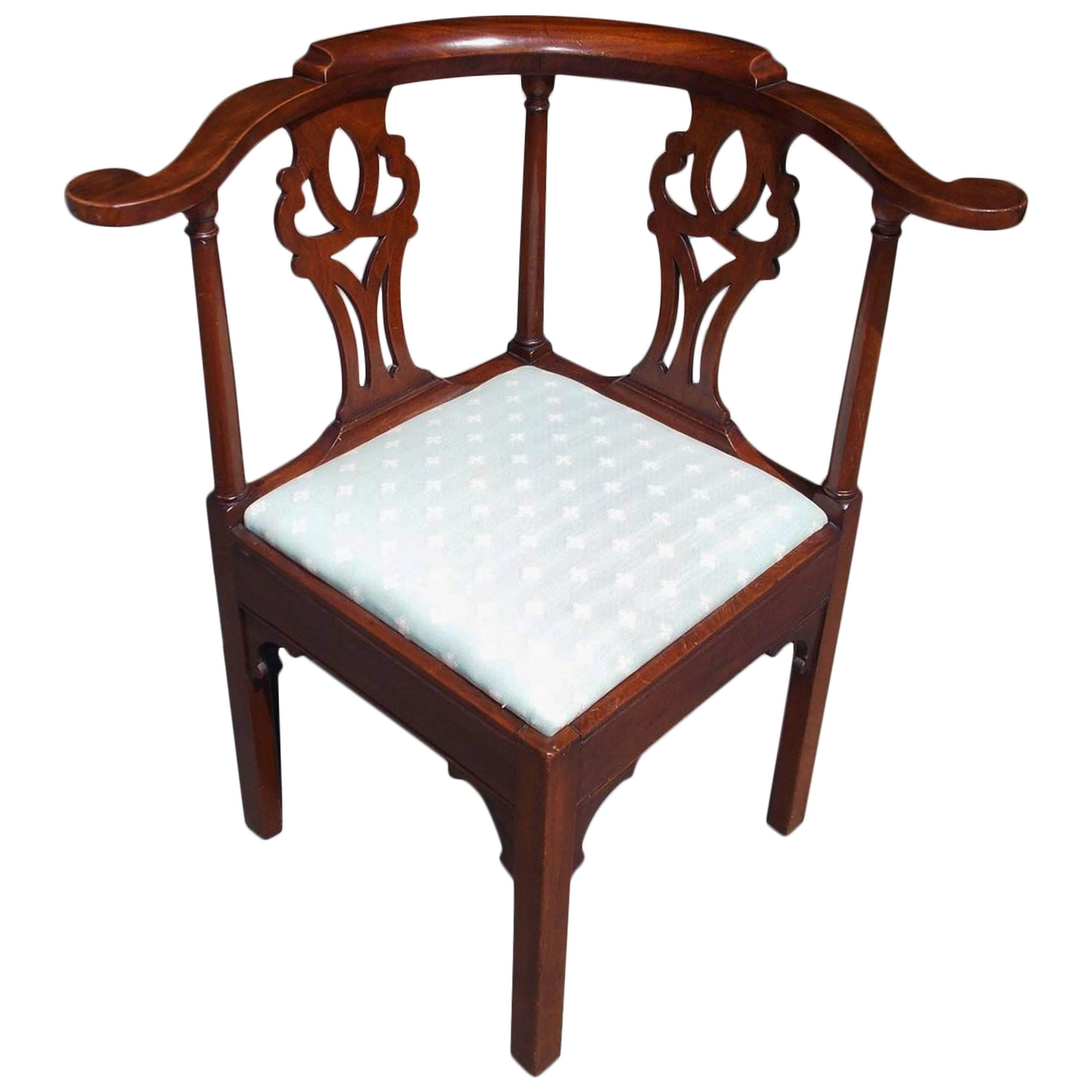 American Georgian Walnut Upholstered Corner Chair, Circa 1770