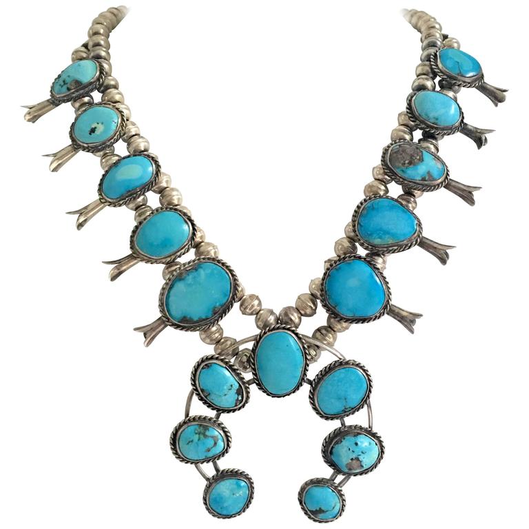 1960s Navajo Sterling Silver and Turquoise Squash Blossom Necklace at