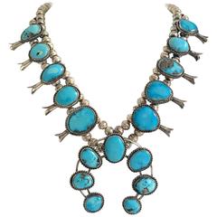 1960s Navajo Sterling Silver and Turquoise Squash Blossom Necklace