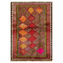 Vintage Gabbeh Persian, Beige-Brown and Red with Diamond Patterns - Rug & Kilim