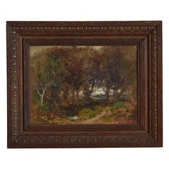 Französisches Öl auf Leinwand, Waldweg mit Dorf in der Ferne, Mitte 19.