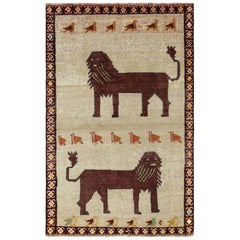 Vintage Gabbeh Persian Rug, Beige with Brown Animal Pictorials - Rug & Kilim