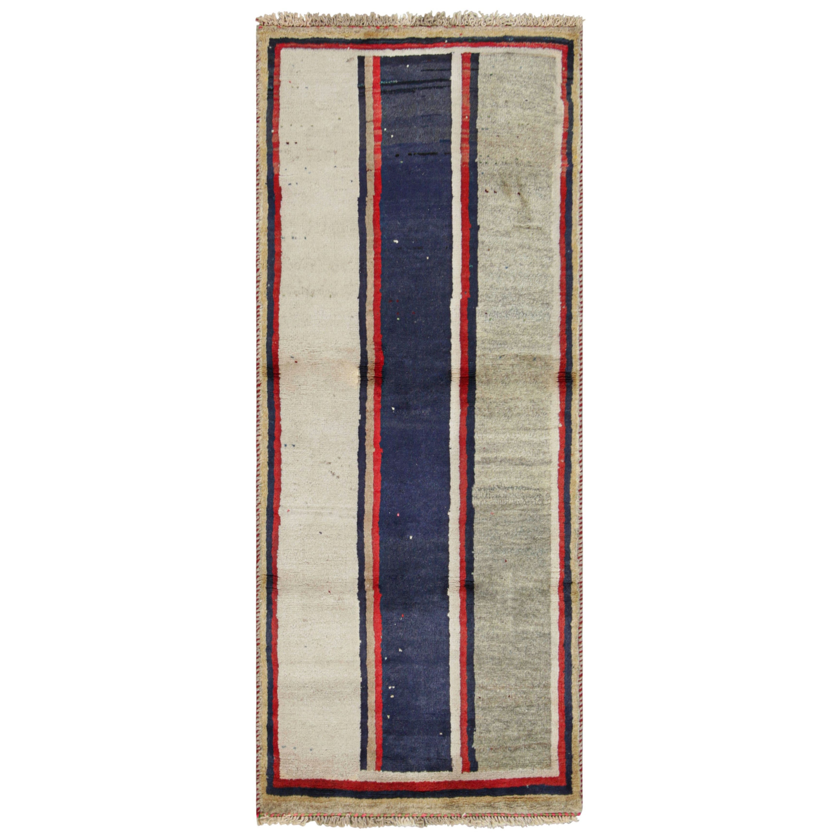 Tapis de course persan Gabbeh vintage à rayures grises, rouges et bleues - Rug & Kilim en vente
