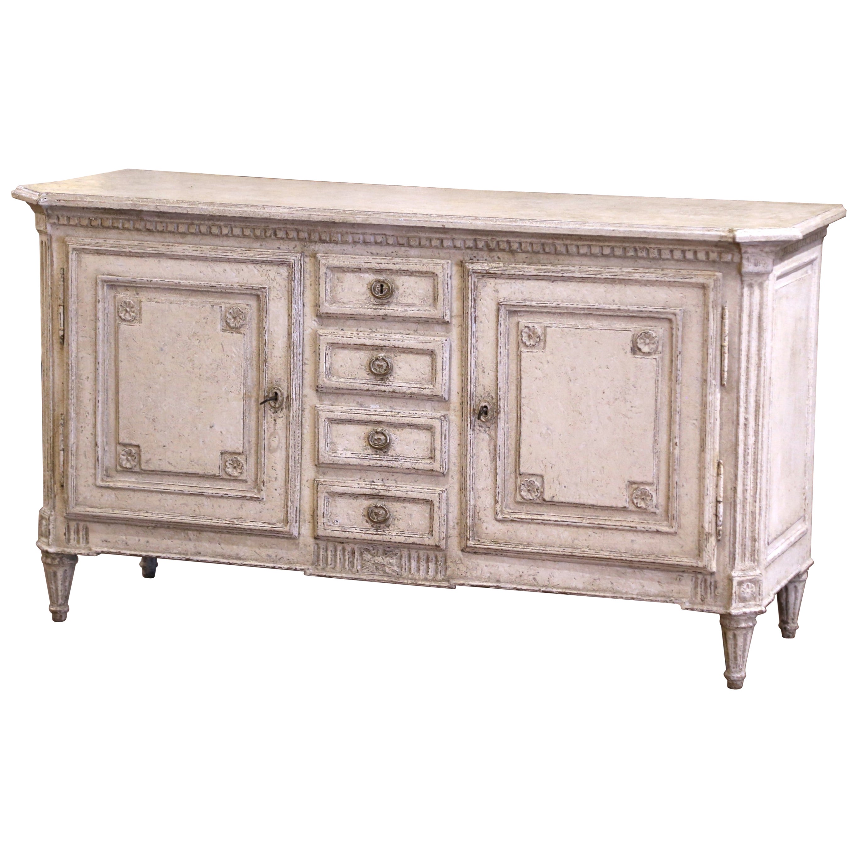 19th Century French Louis XVI Carved Painted Two-Door Buffet with Four Drawers