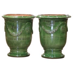 Used Pair of French Handmade Green Glazed Terracotta Anduze Planters by La Madeleine
