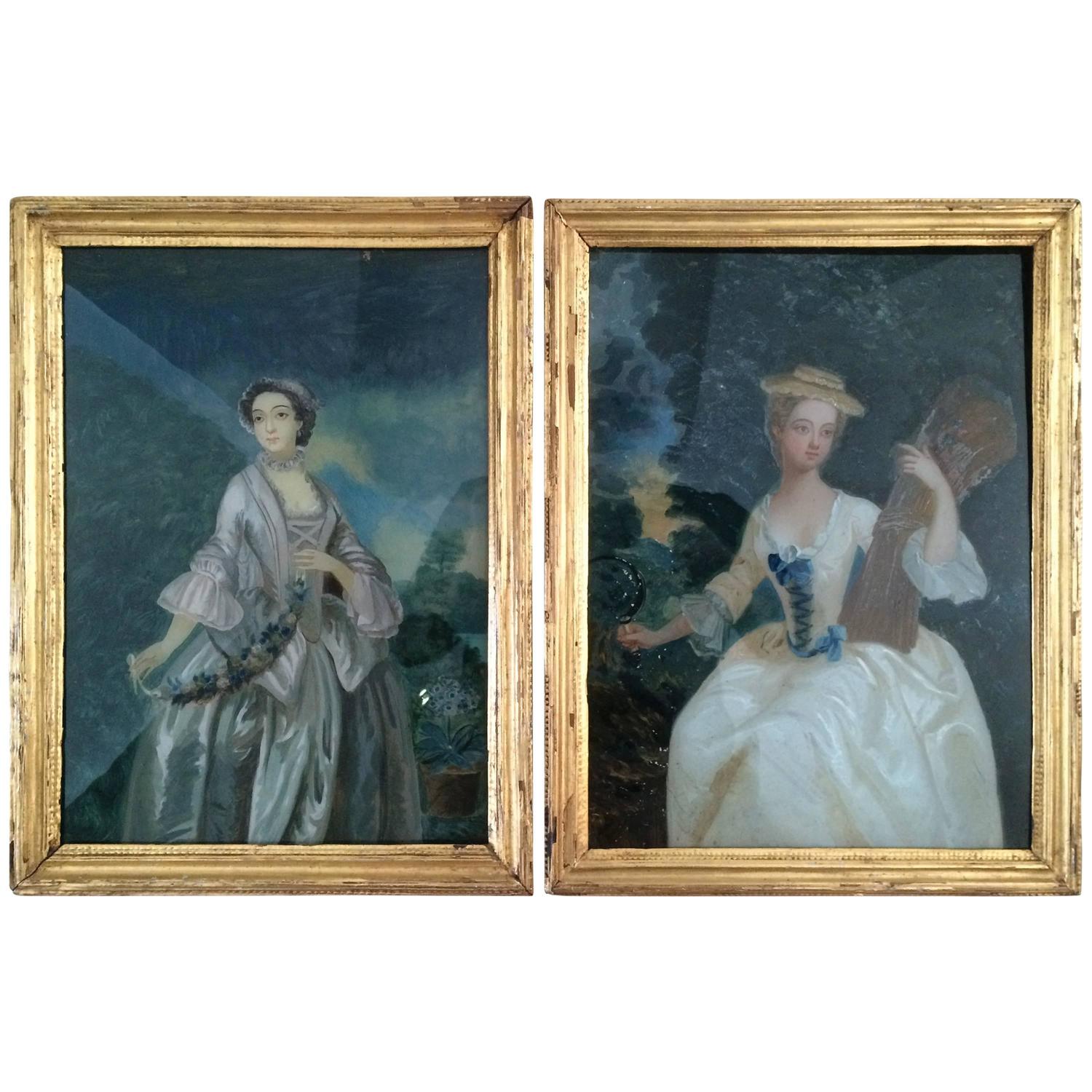 Pair of Reverse Glass Paintings For Sale at 1stdibs