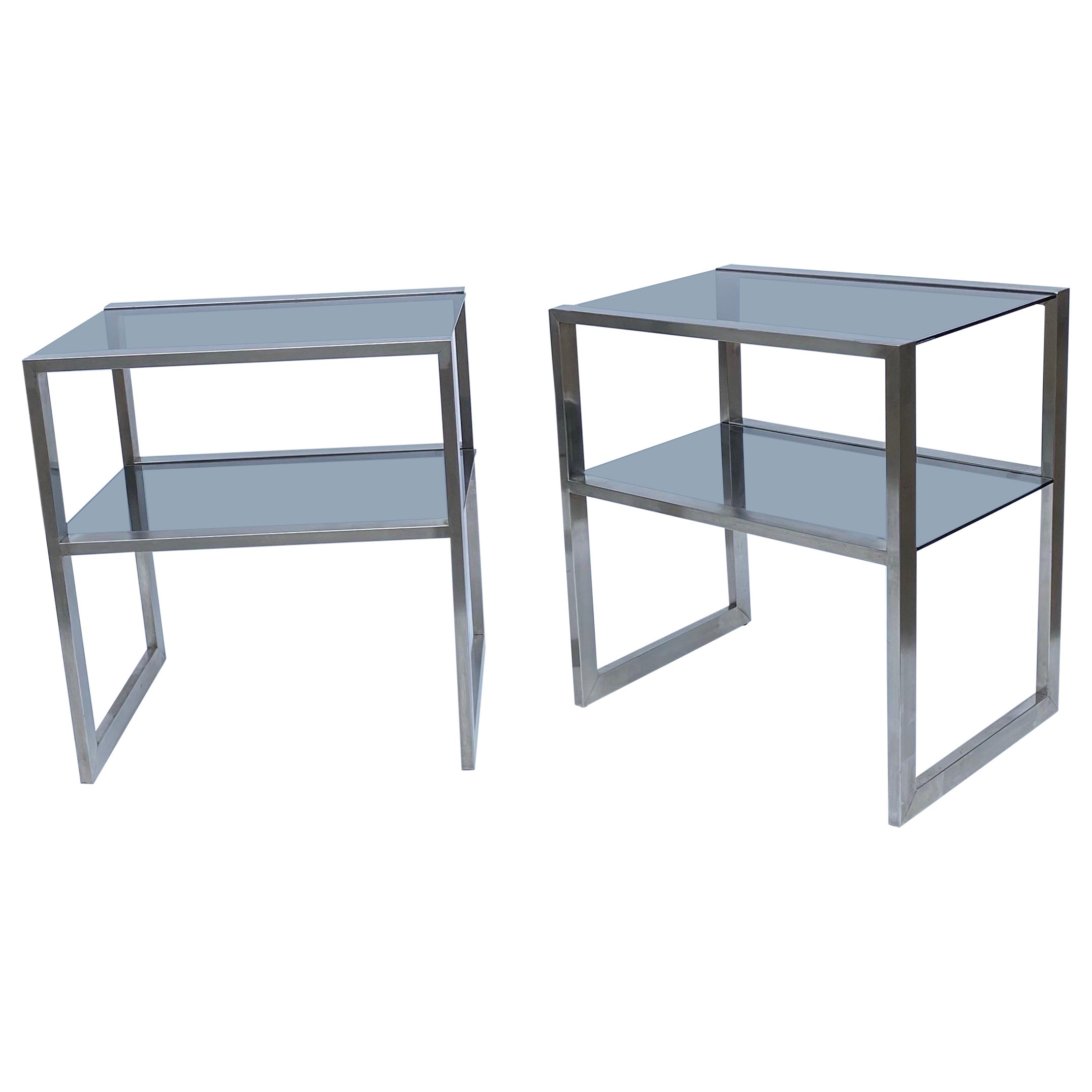 2 x Guy Lefevre 1970s Two Tiered Side Tables Steel Smoked Glass Bedside Jansen