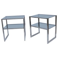 2 x Guy Lefevre 1970s Two Tiered Side Tables Steel Smoked Glass Bedside Jansen