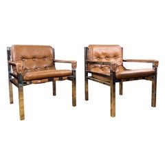 Mid-Century Modern Chrome and Leather Safari Lounge Chairs - A Pair