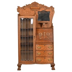 Antique Victorian Carved Tiger Oak Side-by-Side Bookcase With Secretary Desk