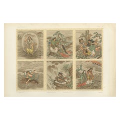 Antique Japanese Folklore Print: Six Mythical Scenes in Rich Color, 19th Century