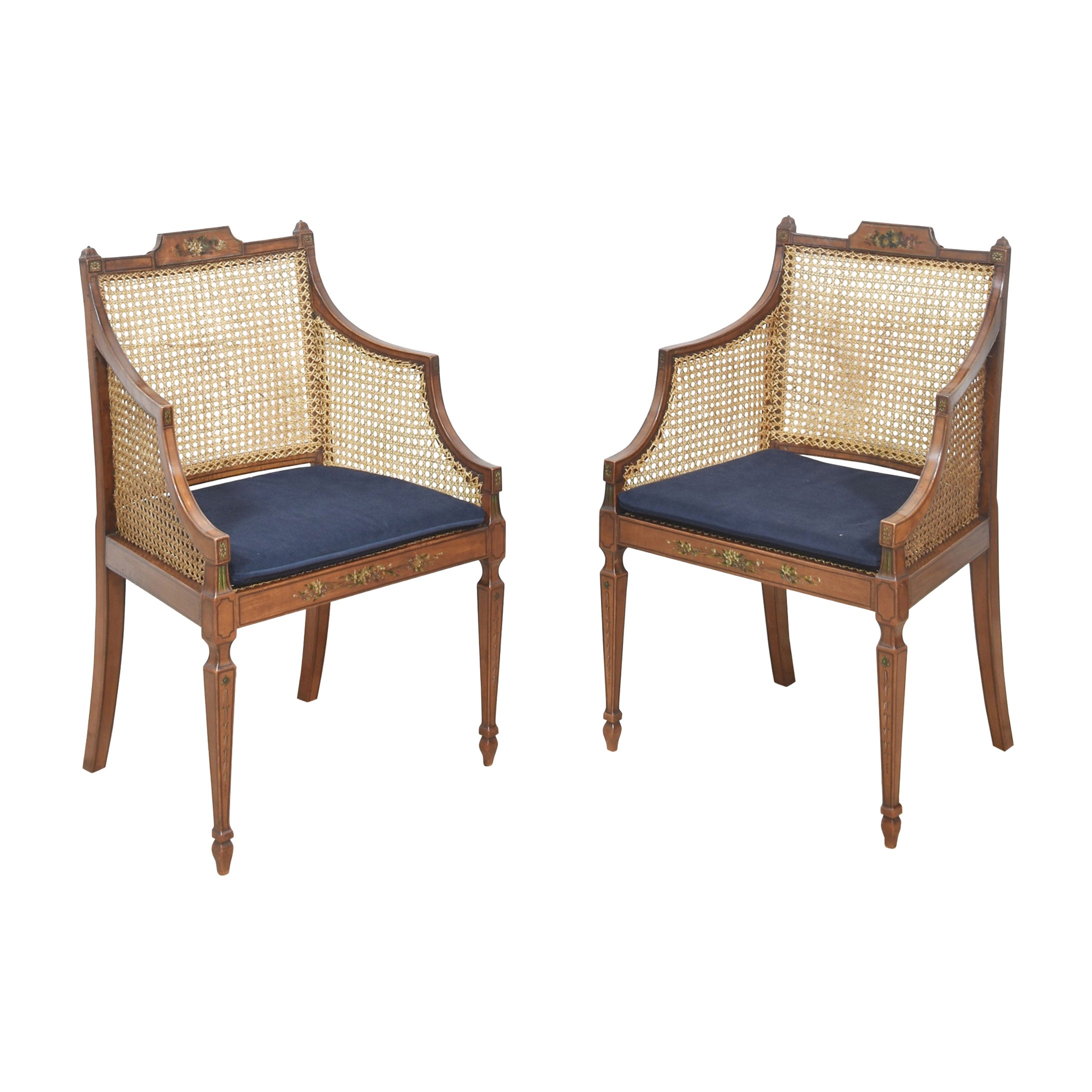 Pair of Sheraton revival satinwood and bergere armchairs