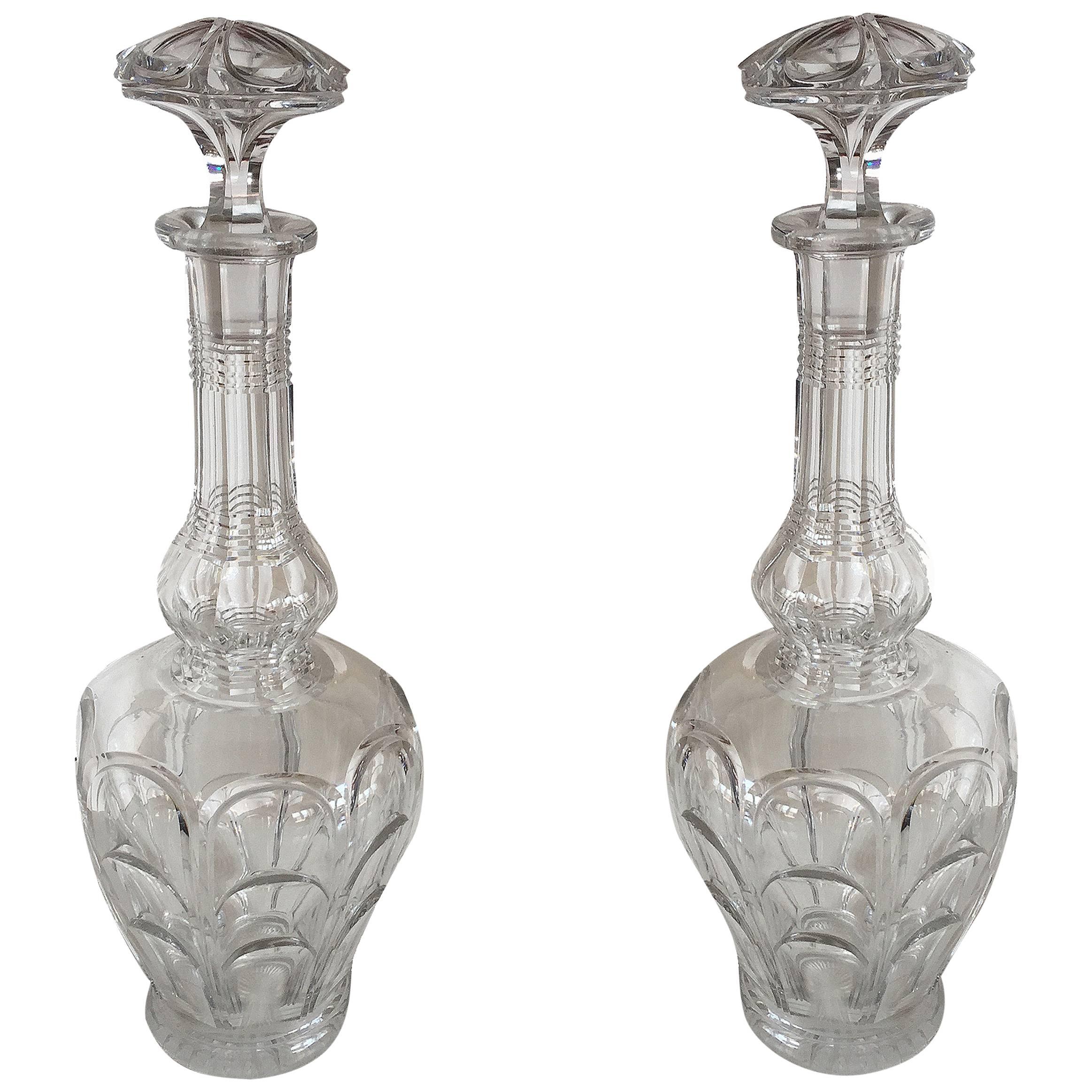 French Cut Crystal Blown and Molded Glass Pair of Decanters, circa 1880 For Sale