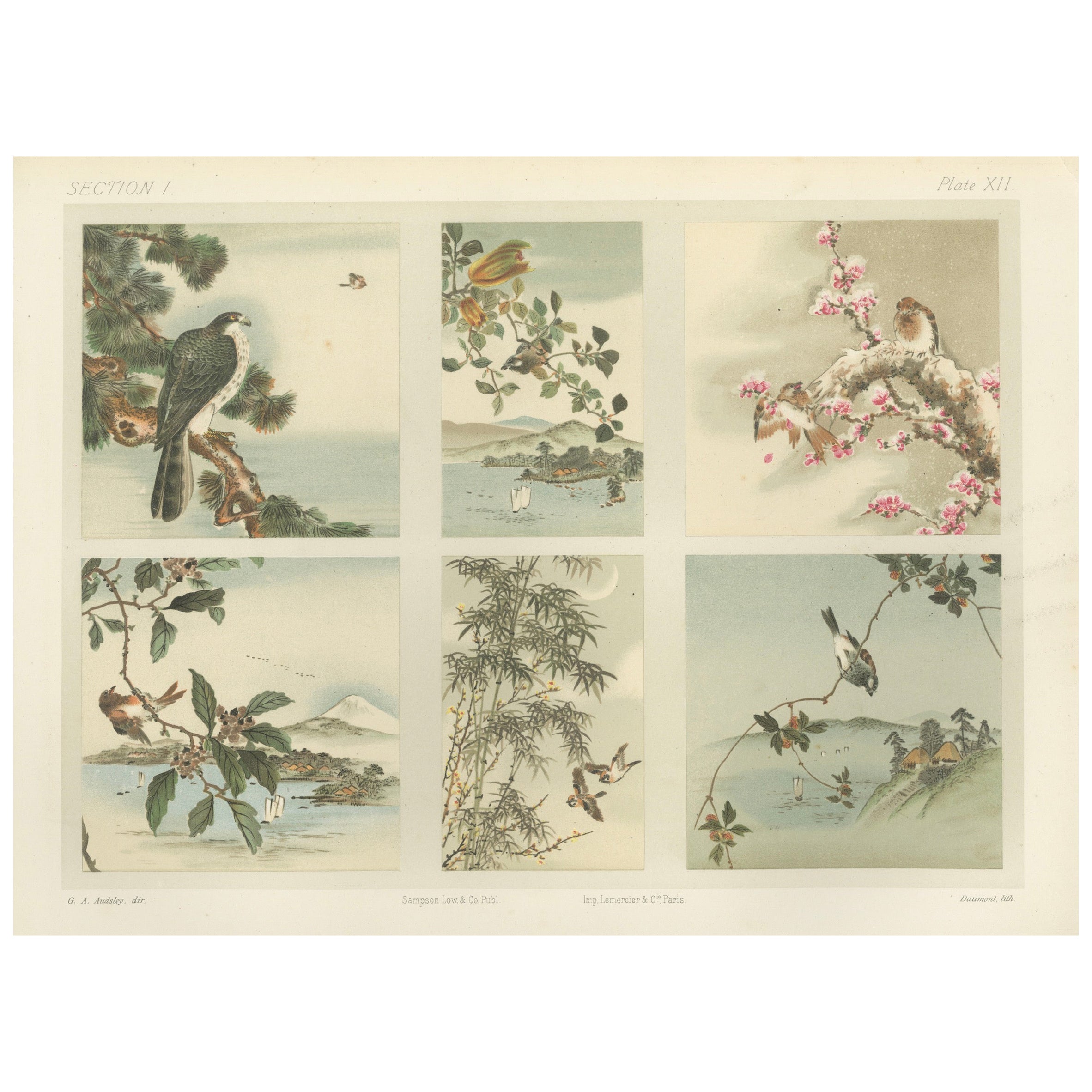 Antica stampa giapponese di uccelli e paesaggi: Sei pannelli di Armonia della Natura, 1882