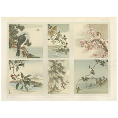 Antique Japanese Bird and Landscape Print: Six Panels of Nature’s Harmony, 1882