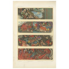 Ancienne estampe japonaise de scènes d'enfer bouddhiste : Vivides représentations du 19e siècle