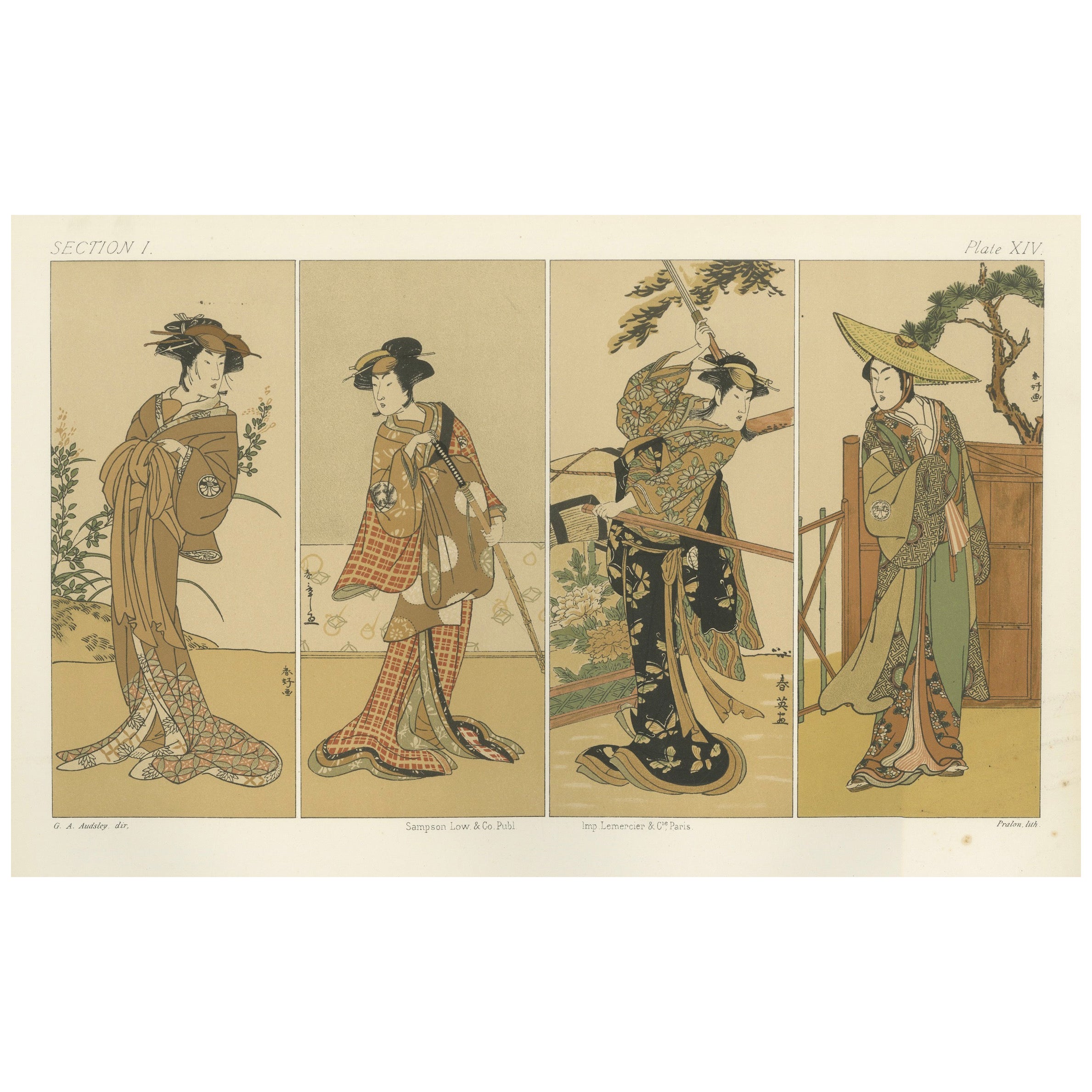 Antique Japanese Costume Print: Four Elegant Women in Edo-Period Kimono, 1882