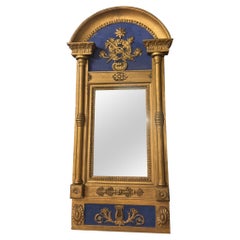 Antique Blue and gold lacquered wooden mirror, with medicine symbol, Italy