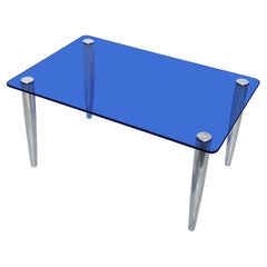 1950s Fontana Arte Blue Glass Rectangular Coffee Table Steel Chrome sofa Italian