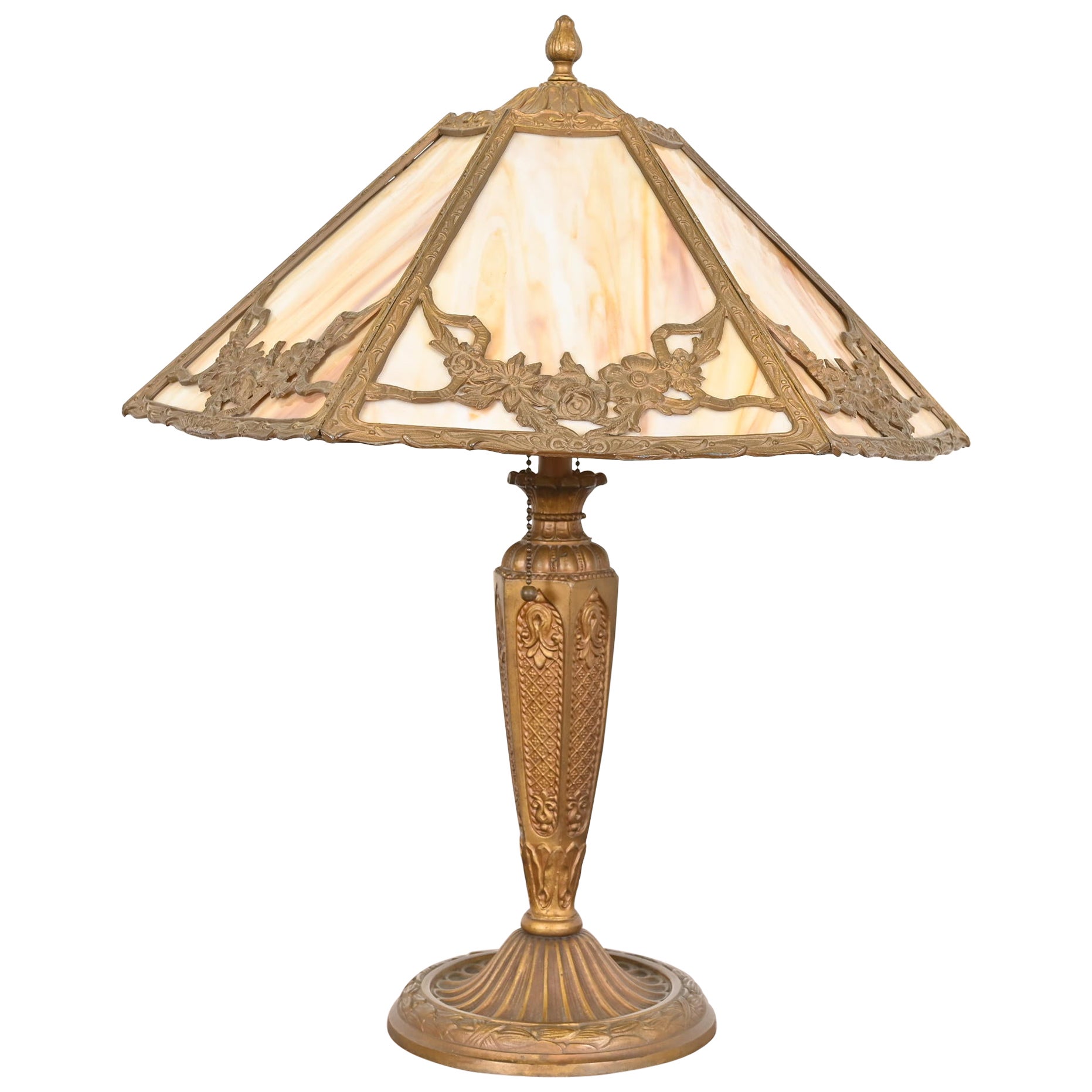 Antique Art Nouveau Slag Glass Table Lamp in the Manner of Handel, Circa 1910