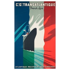 Cie Gle Transatlantique 1950s French Line Large Travel Poster, Paul Colin