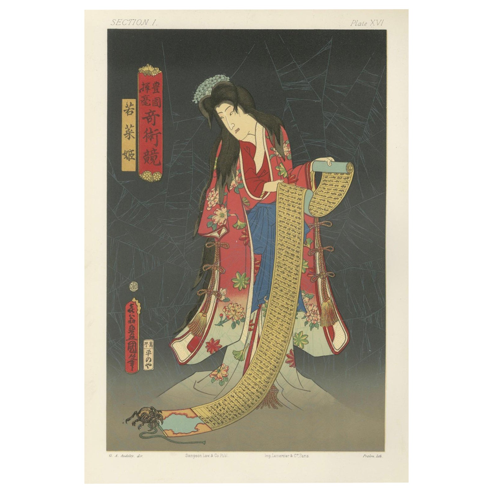 Grabado Kabuki Japonés Antiguo: Mujer enigmática con pergamino y araña, ca.1882