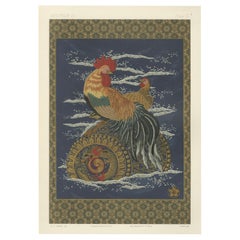 Antiguo Grabado Japonés Gallo y Gallina: Belleza Simbólica, Siglo XIX