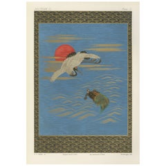 Grabado Japonés Antiguo de Grulla y Tortuga: Armonía Simbólica, Siglo XIX