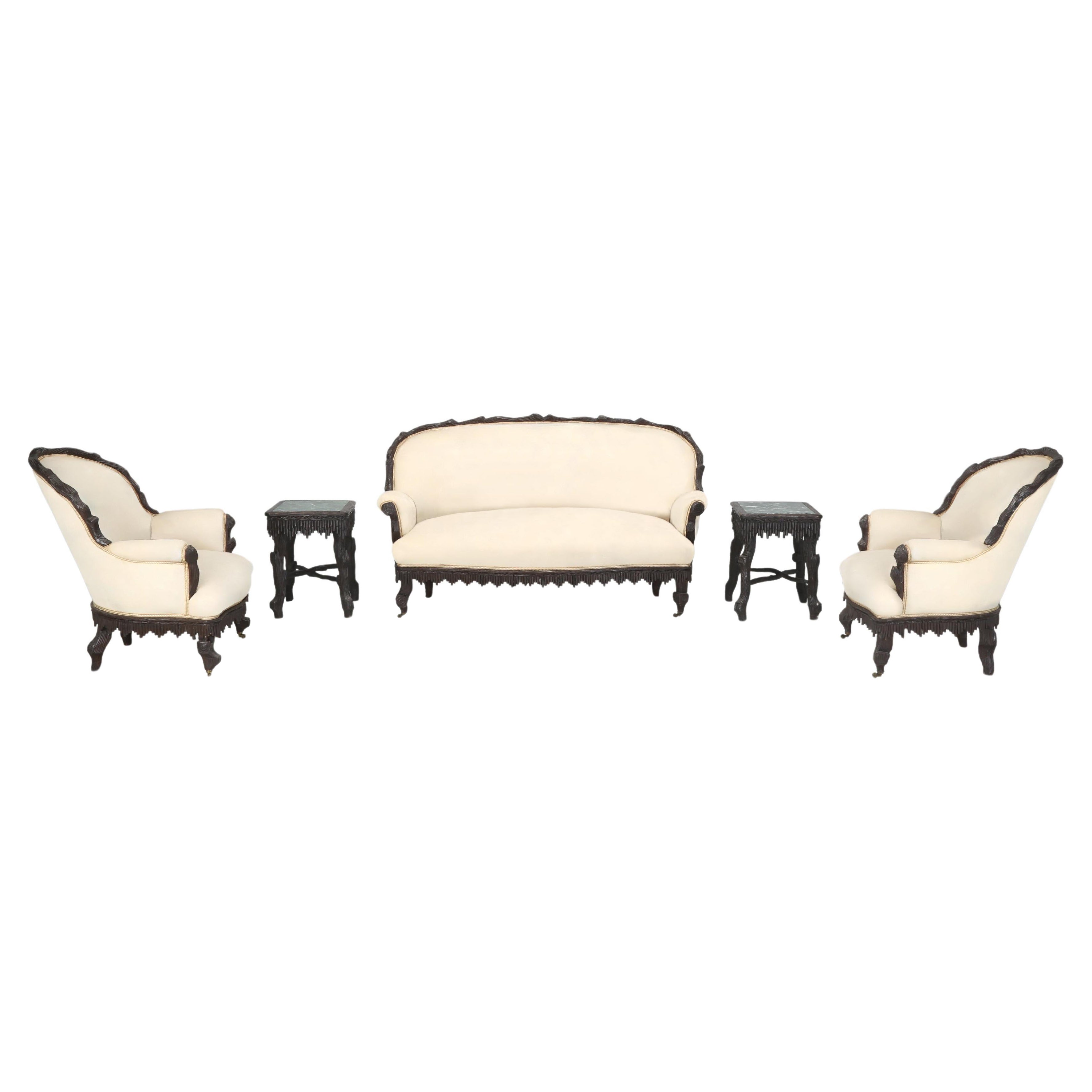 Antique Black Forest Sofa with Pair of Chairs (3) Pieces Photoshopped with Linen