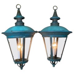 Timeless Elegance: Pair of Antique Verdigris Brass Hanging Lanterns-26”H x 15”W