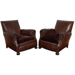 Pair of French, circa 1930s Leather and Velvet Upholstered Club Chairs
