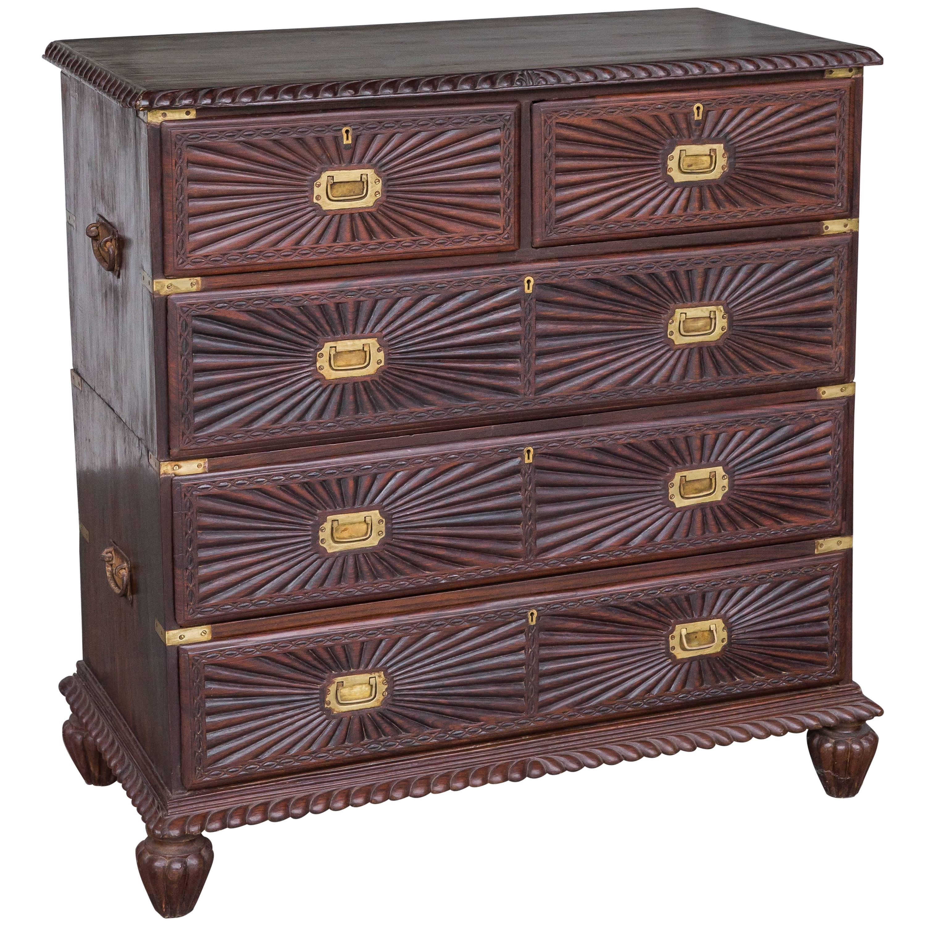 Indo-Portuguese Rosewood Chest of Drawers with Sunburst Pattern For Sale