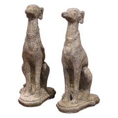 Pair of Vintage French Outdoor Weathered Carved Stone Greyhound Dog Sculptures